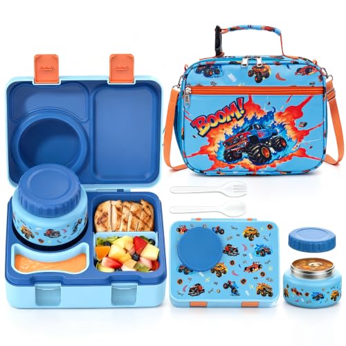 Image of Bento Box for Kids, Leakproof Kids Lunch Box with 8.5OZ Thermo Food Jar & Lunch Bag, 3-4 Compartments Toddler Insulated Lunch Box for Boys, BPA Free Lunch Containers for School Daycare
