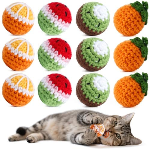 12-Pack-Cat-Toy-Balls-Hand-Knitted-Woolen-Yarn-Cat-Balls-Toy-with-Bell-Inside-Interactive-Kitty-Toys-for-Indoor-Kitten-Teething-Chasing-Self-PlayFruit-Shaped 12 Pack Cat Toy Balls, Hand-Knitted Woolen Yarn Cat Balls Toy with Bell Inside, Interactive Kitty Toys for Indoor Kitten Teething, Chasing & Self Play(Fruit-Shaped) - Image 1