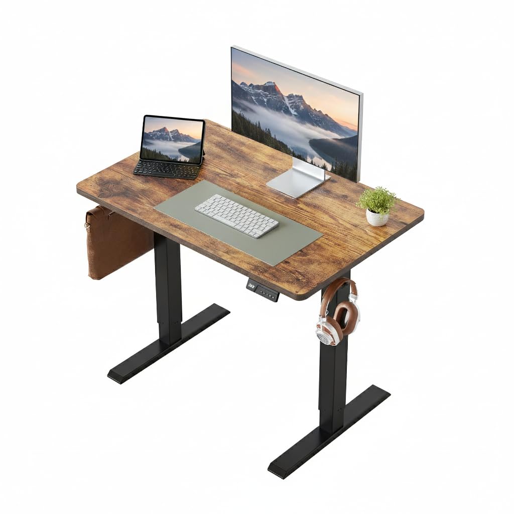 FEZIBO Electric Standing Desk 100 x 60 cm, Height Adjustable Computer Desk with Memory Presets, Sit Stand Home Office Desk, Black Frame with Vintage Brown Top — image 1