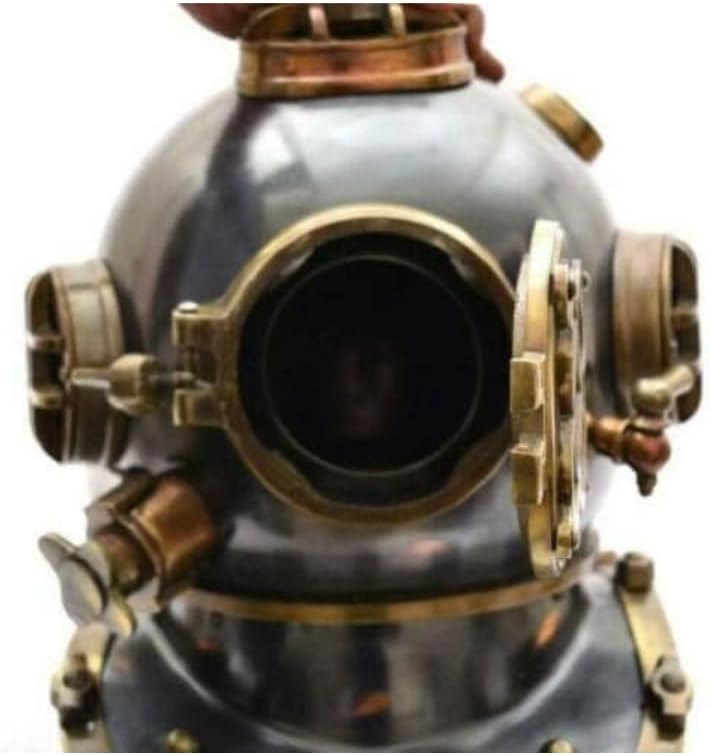 Vintage Navy Divers Deep Sea Mark V Diving Helmet, Antique Brass and Steel Nautical Scuba Marine Home Decor, Steel Gray, Large