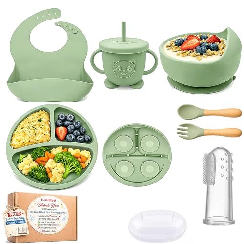 Image of 7 Pcs Silicone Baby Feeding Set for Toddlers 6+ Months | Baby Led Weaning Self Feeding Kit | Suction Plate & Bowl, Bib, Cup, Spoon & Fork, Fruit Feeder, Finger Brush | FDA | Ebook (Green)