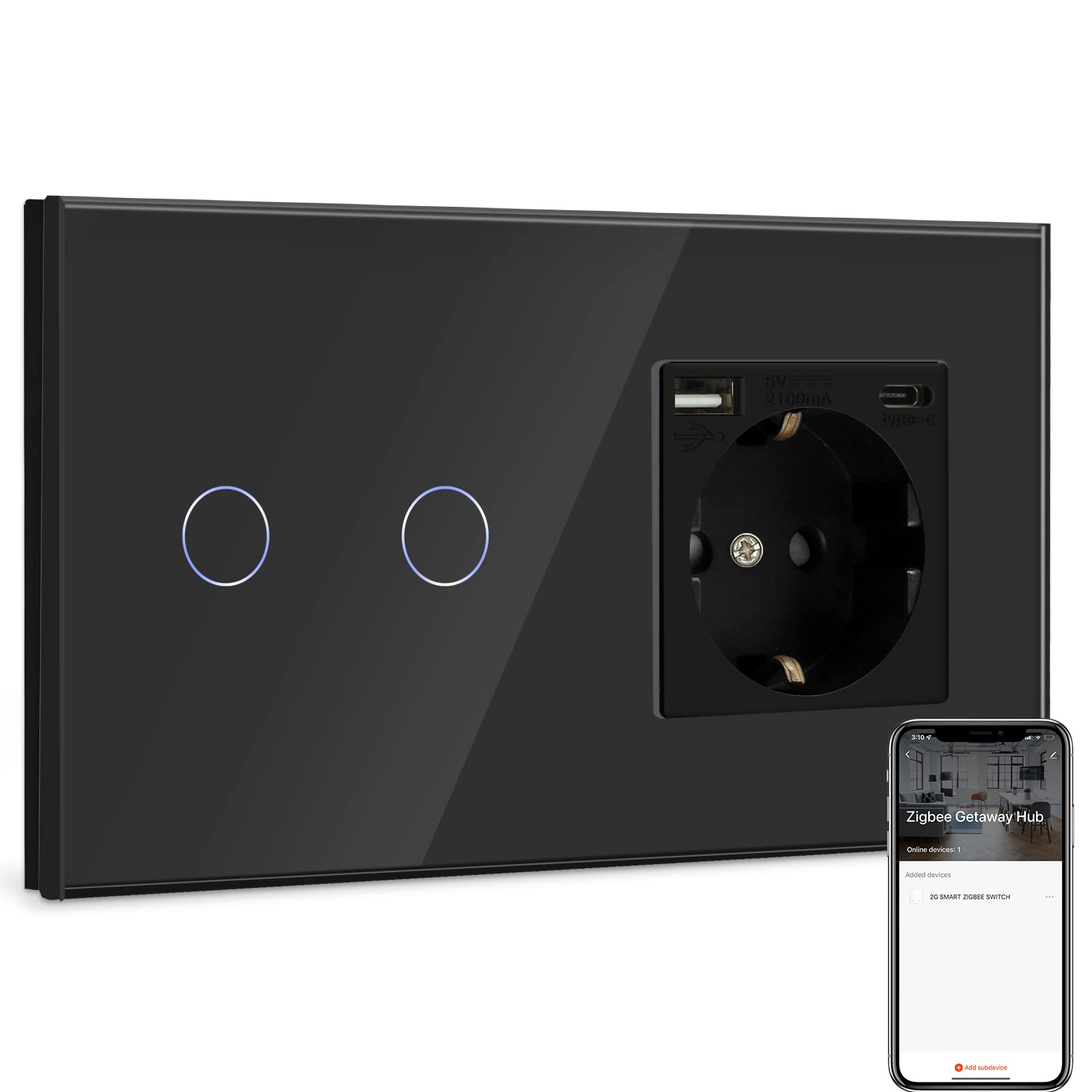 BSEED BSEED Normal Steckdose mit Smart ZigBee Lichtschalter,arbeitet mit Alexa,Google Home, 2 Fach 1 Weg Smart Lichtschalter mit USB Steckdose (Max. 2.1A) Typ C Port Schwarz (Tuya Hub erförderlich)