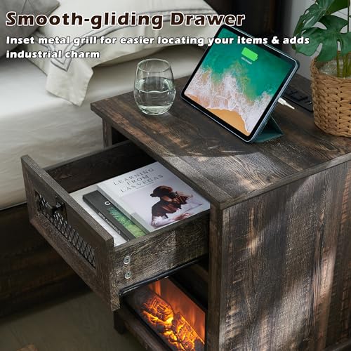 Nightstand with 13'' Electric Fireplace Heater & Charging Station, OKD 18'' Farmhouse Fireplace End Table w/Drawer, 800W Space Heater, Rustic Sofa Side Table for Bedroom, Living Room, Dark Rustic Oak