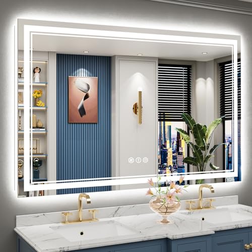Image of 60x40 LED Bathroom Mirror with Lights, Backlit and Front Lit Anti-Fog Lighted Vanity Mirrors for Bathroom Wall, Dimmable, 3-Color Light, Memory, Shatter-Proof, HD Tempered Glass, CRI>90
