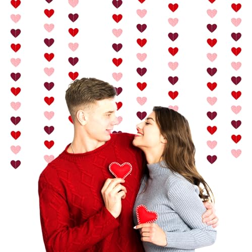 Image of Galentines Party-Decorations Valentines Day Heart-Garland - 52ft Burgundy-Red Pink Streamers Paper Banner, Rose Gold Anniversary Baby Shower Wedding Hanging Decor Hugfond