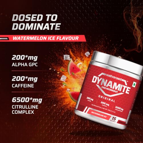 Image of Dynamite Original Pre Workout For Men (15 Servings, Watermelon Ice) For Focus & Energy Boost With 6500mg Citrulline Complex | Preworkout Supplements For Men - 210g