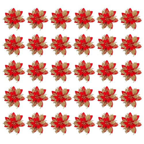 30 adornos de Navidad de Pascua con purpurina, flores artificiales rojas grandes de 5.5 pulgadas con hojas doradas, decoraciones de árbol con clips y tallos para coronas, guirnaldas, eventos de