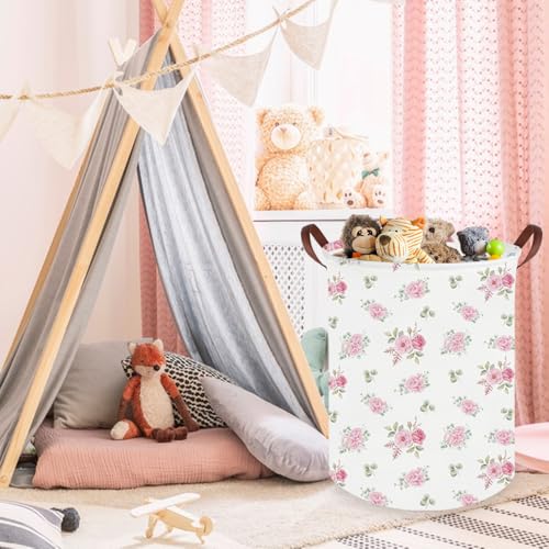 Image of Pink Flower Laundry Basket,Nursery Baskets Girl Baby Storage Bins,Baby Girls Nursery Hamper,Waterproof foldable laundry basket,Gift Baskets,Pink Rose room Decor(Pink Rose)