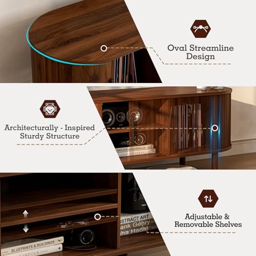 Image of ZttRiee TV Stand with Sliding Doors for TVs up to 60 inch, Mid-Century, Walnut | 55 inchW x 18.5 inchH x 15.7 inchD, 200 lbs top / 50 lbs shelf, 2 central shelves & 2 side cabinets, rounded corners, ~60 min assembly