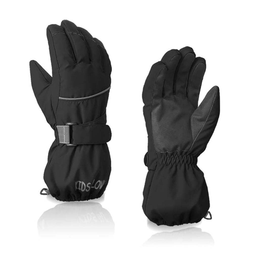 UKKO Gants d'hiver Gants De Ski d'enfants Imperméables d'hiver Chaud Chaud Doigt Gants De Ski pour Garçons Et Filles-Black,12-14 Years Old