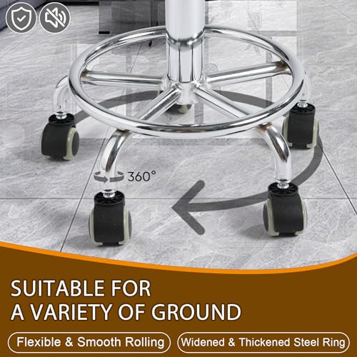 Image of Rolling Stool with Wheels - 500lbs,Thick 9.5cm Cushion, Height Adjustable | PU leather|Swivel silent rubber casters|Foot pedal ring|space-saving|For Drafting salon tattoo clinic garage home office