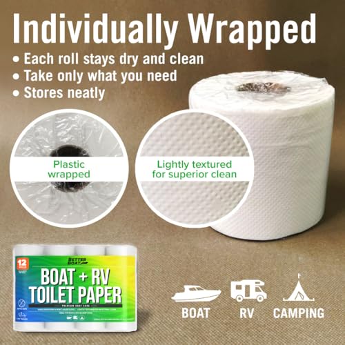 Image of RV Toilet Paper 12 Rolls (500 Sheets Each), Rapid Dissolving 2-Ply | Septic Safe for Camper and Marine, Individually Wrapped Camping Tissue, Better Boat