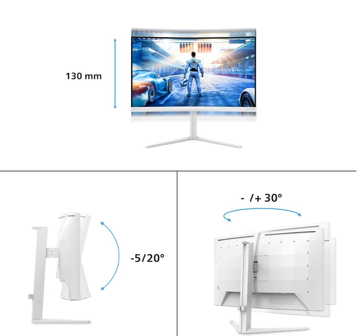 Philips Gaming Monitor 27M2C5501 27 pollici, Curvo, 2560x1440, WQHD, 180Hz, Fast VA Panel, 0.5ms MPRT, , (HDMI2x 2.0 DP 1x 1.4) Adaptive Sync, HDR10, FreeSync Premium, Bianco