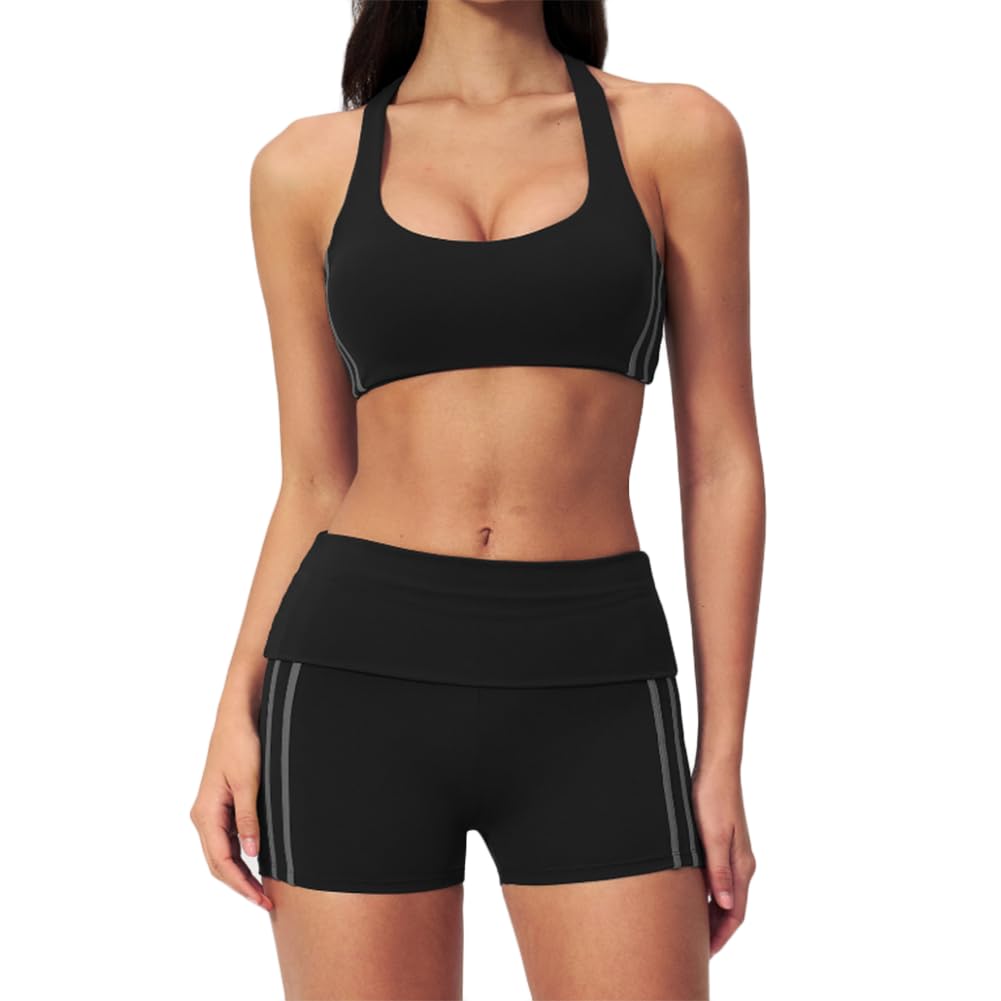 Xyffybhsd Women's Black Solid 2-Piece Yoga Set Soft Seamless Breathable V-Neck Bra High Waist Butt Lift Sports Shorts(Size:s,Color:black)