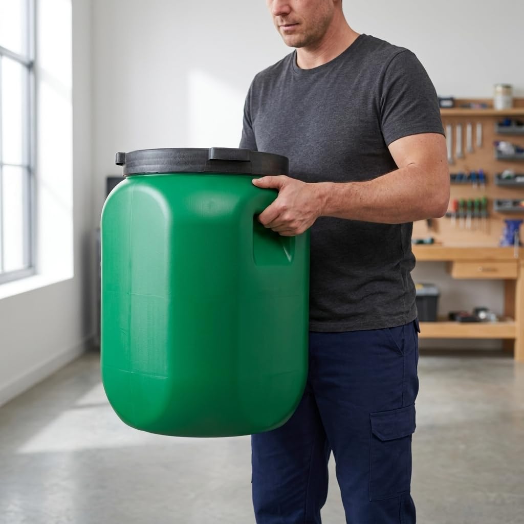 plasteo Barril de boca ancha con tapa, apto para alimentos – barril universal HDPE estable con cierre de rosca, para pienso, almacenamiento y transporte, verde (2x 60 L Cuadrado)