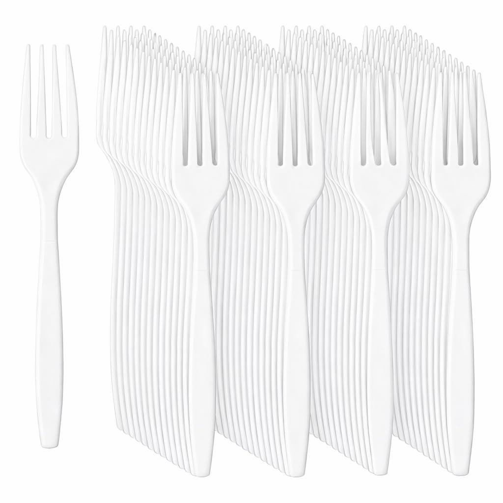 Tezraftaar® 200 x Tithe Heavy Duty Plastic Forks Reusable White Cutlery Set BPA Free Durable Catering Wedding Kids Parties Picnic Traveling