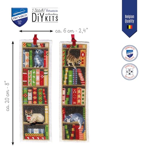Image of Vervaco Bookmark Counted Cross Stitch kit Cats in Bookshelf Set of 3, 6x20cm, DIY