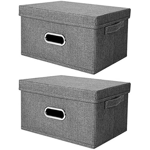 ANMINY 2 PCS Storage Boxes with Handles Removable Lids PP Plastic Board Foldable Lidded Cotton Linen Home Storage Cubes Bins Baskets Closet Clothes Toys Organizer Containers - Gray, Medium Size Cover