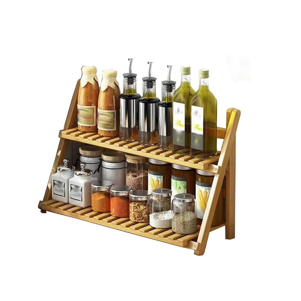 shangguanyun456 Spice Rack Spice Rack Multi Functional Desktop Folding Storage Kitchen Seasoning Two-layer Bamboo Tabletop(Large)