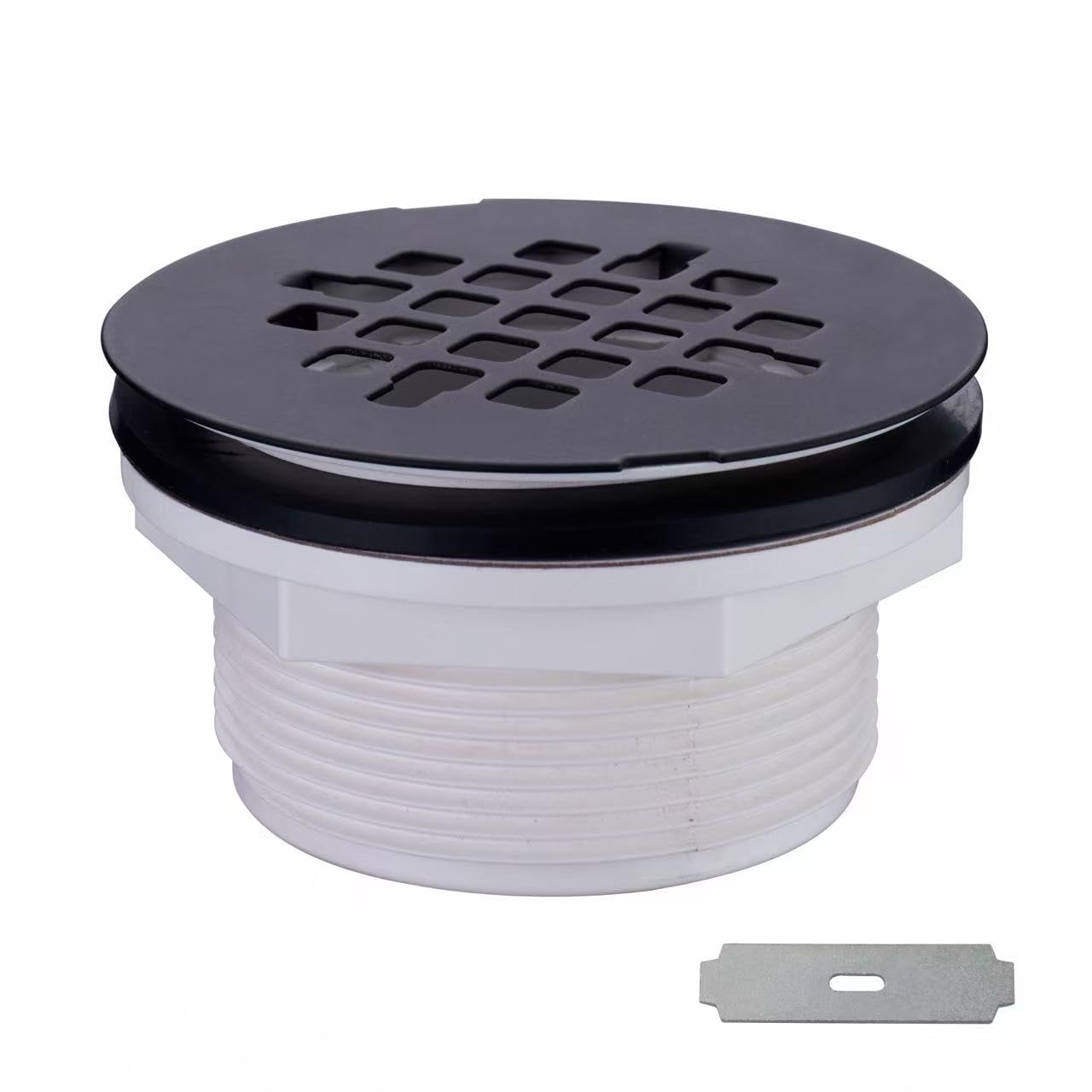 Black Shower Drain No Caulk PVC Compression Hidrop Shower Drain Kit with 4-1/4" Stainless Steel Round Grid Cover, Matte Black