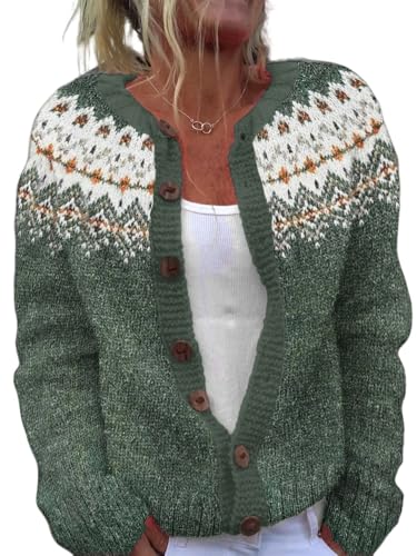 Women's Funny Fall Winter Vintage Felman Island Snowflake Long Sleeve Button Knit Cardigan Sweater(ZZ-Green,XXL)