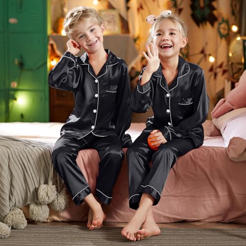 IFFEI Family Silk Satin Pajamas Matching Sets Long Sleeve Pjs for Couples 2 Piece Buttons Kids Christmas Pajamas with Pocket3