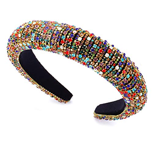 Rhinestone Headband for Women Bejeweled Crystal Padded Headband Wedding Diamond Hairband Colorful Rainbow Baroque Gemstone Hair Accessories Wide Velvet Elastic Headband for Party (Colorful B)