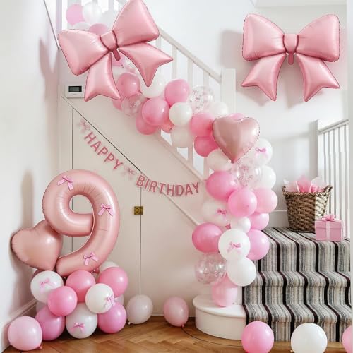 Image of 9th Birthday Decorations for Girl,Pink 9 Balloons for Party Decorations | 9 Year Old Birthday Decoration,Anniversary Party Decor,Pink White Balloons,Bow Print Balloons,Heart Balloons