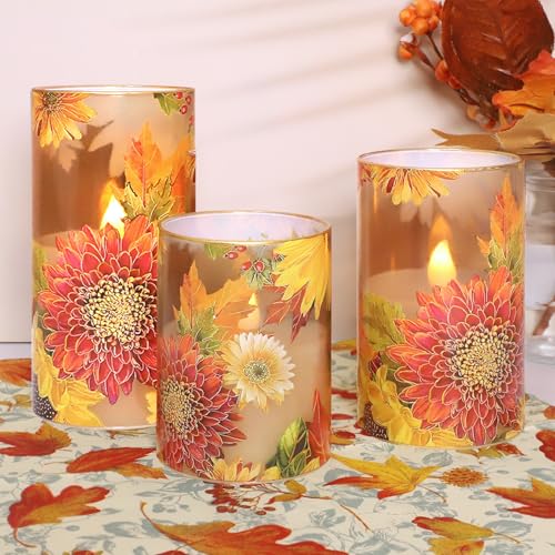 Image of Flameless Candles Chrysanthemum Decal with Remote & Timer - Real Wax Flickering Battery Operated Candles - Home Farmhouse Holiday Fall Decorations - Set of 3
