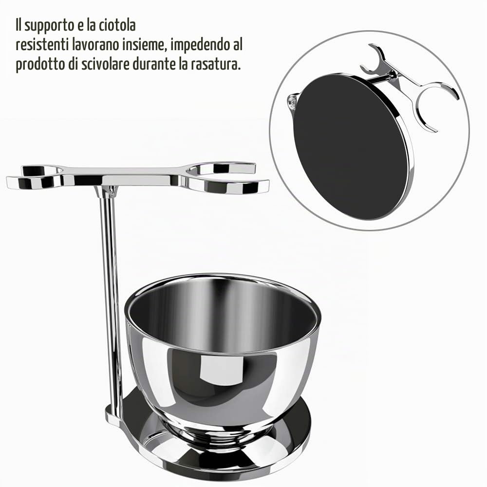 GRUTTI Rasatura Kit degli uomini, 4 in 1 Pennello da barba in finto pelo di tasso + Portapennello da barba in metallo zincato + Sapone tazza ciotola in acciaio inox + Rasoio manuale (5 lame)