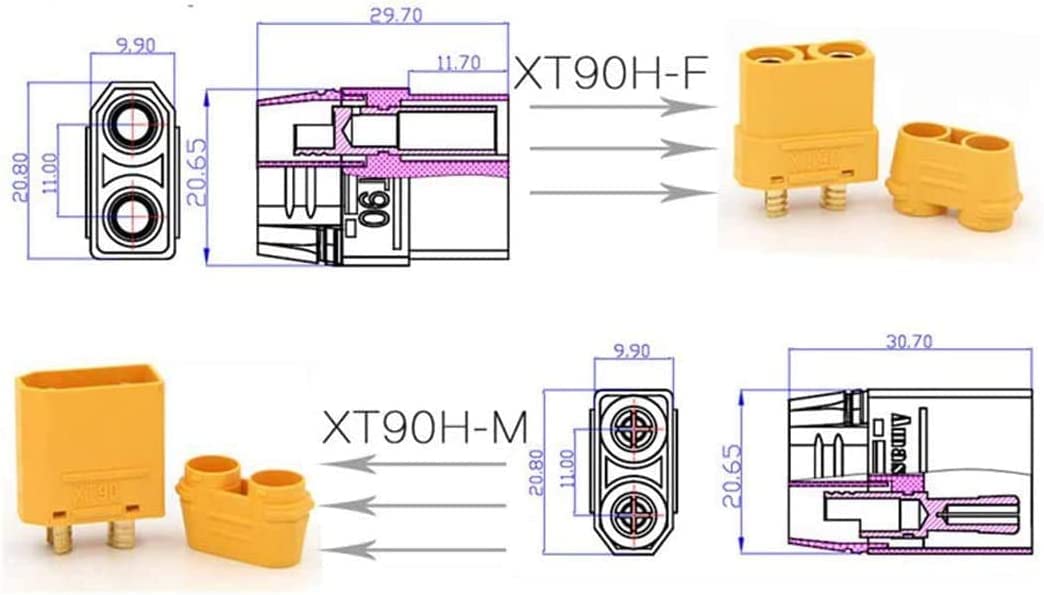 RUNCCI-YUN 20 sztuk 10 par wtyczek XT90, złącze XT90 męskie, żeńskie, XT90H, wtyki do baterii RC Lipo Helicopter Quadcopter (10 sztuk wtyków XT60H + 10 sztuk gniazd XT60H) etui izolacyjne