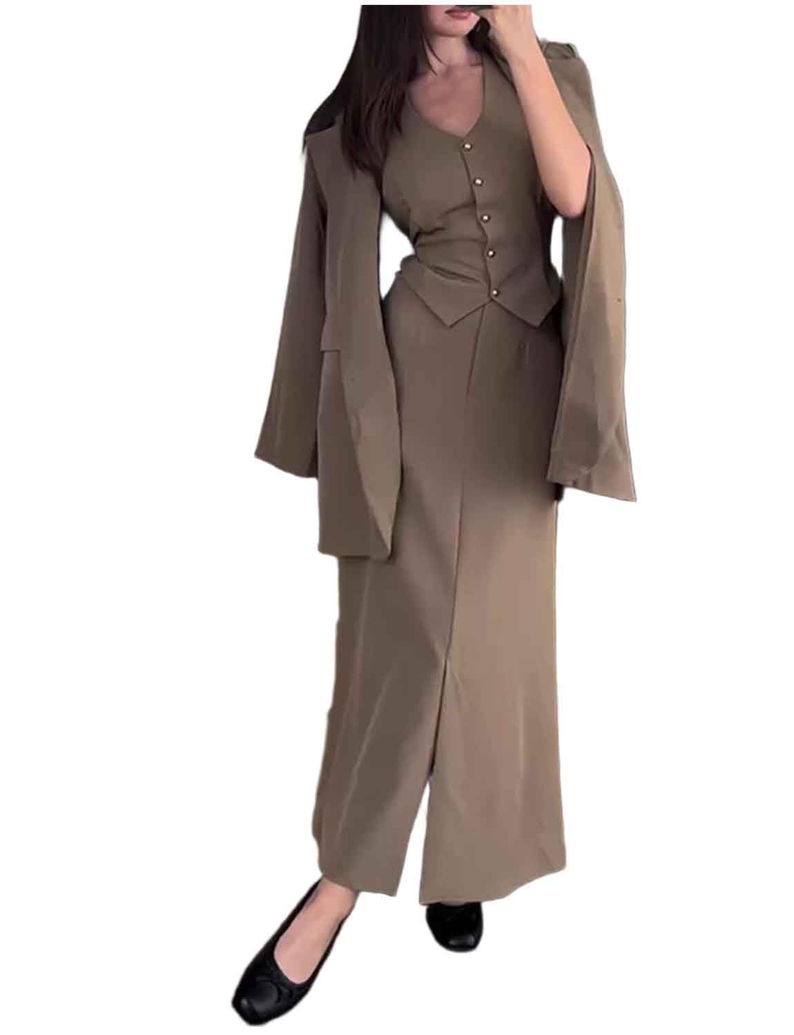 Femme Tailleur de Bureau Trois pièces Veste Formelle Gilet et Jupe Longue Ensemble Complet
