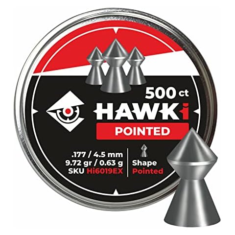 Hawki Airgun Pellets .177cal/4.5mm Caliber (9.72gr/0.63 g) 500 ct Hi6019EX Pointed Cover