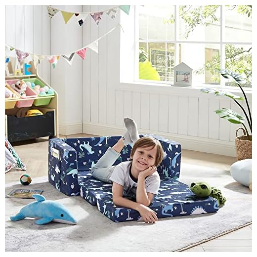 Ulax Furniture Kids Fold Out Couch 2-in-1 Children Convertible Sofa to Lounger with Soft Plush Fabric (Navy Dinosaur)