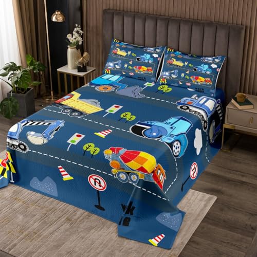jejeloiu Boys Girls Excavator Quilted Coverlet Twin Size, Construction Vehicles Coverlet Set Cartoon Car Bedspread Kids Equipment Trucks Teens Bedroom Decor with 1 Pillow Case
