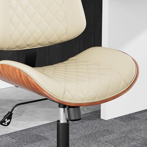 Image of Home Office Desk Chair with Swivel Wheels, Mid-Century Modern PU Leather Armless Office Chair, Small Mid Back Computer Chair for Home Office, Meeting Room