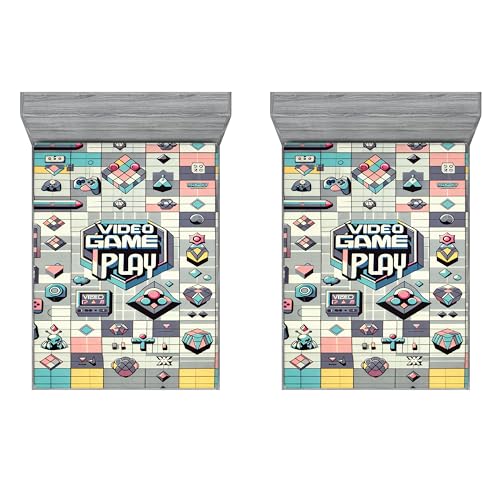 Ambesonne Retro 2 Pack Fitted Sheet, Gaming 90s Aliens Cubes Print, Bed Cover All-Round Elastic Deep Pockets 2 Pieces, Package Contains 2 Full Size Fitted Sheets, Purpleblue Multicolor