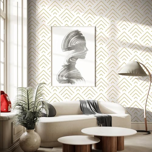 Image of TEKCOOL Self Adhesive Wallpaper White and Gold Pattern Peel and Stick Wallpaper Gold Lines Geometric Sticky Back Vinyl Removable Contact Paper Wall Covering Decorative Film DIY 45x300cm (White-2pc);