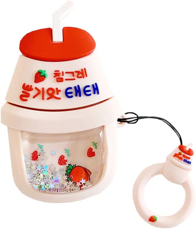 ICI-Rencontrer Creative 3D Quickstand Moving Bling Glitter Strawberry Yogurt Bottle Design Airpods Case Cute Fresh Fruit Drinks Soft Silicone Protective Wireless Earphone Charging Case Decoration
