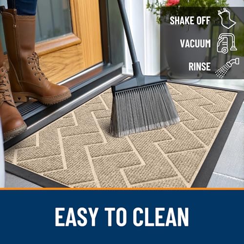 Image of OLANLY Front Door Mat Indoor Outdoor Entrance, Waterproof All-Season, All-Weather Doormat, Sturdy Natural Rubber, Low Profile, Easy Clean Patio Porch Entryway Mat, Herringbone Brick (Beige, 29.5x17)