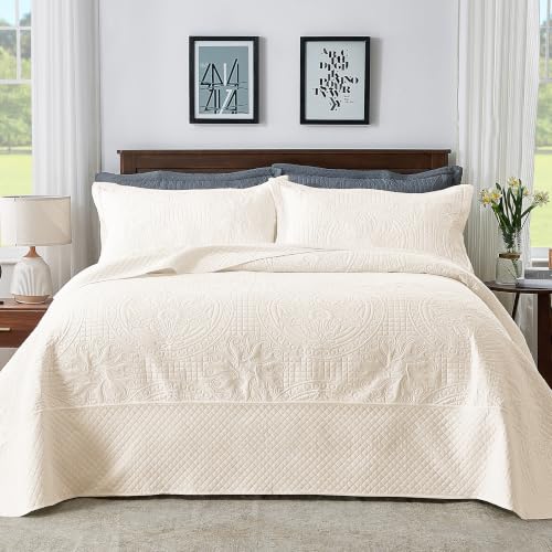 Image of Qucover Queen Bedspread Medallion Quilt Bedding Set 3 Piece Light Beige