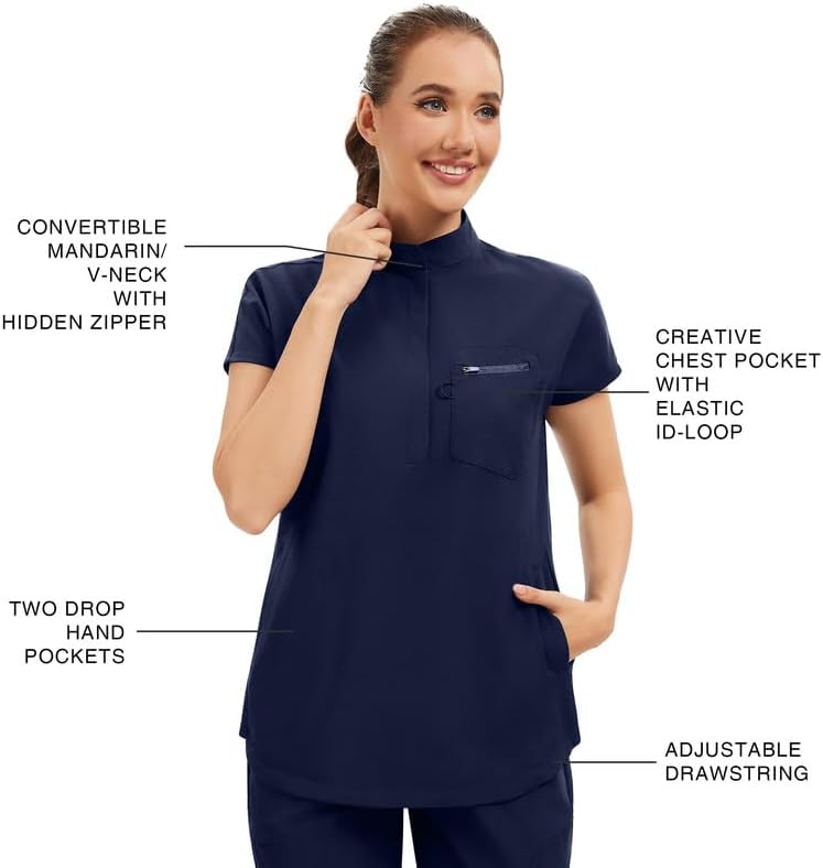 Kitmaz Women's Scrub Set - Convertible Mandarin/V-Neck Top & Jogger Pants, 9 Pockets, Wrinkle & Splash Proof - Image 3
