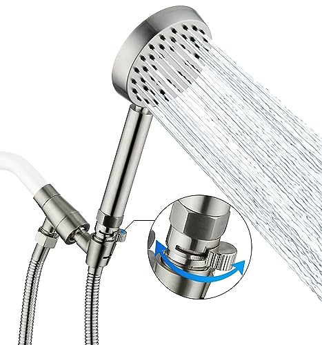 G-Promise Solid Metal Brushed Nickel Handheld Shower Head With Extra Long Stainless Steel Hose & Water Saving On/Off Pause Valve, Modern Style, 1 Setting, 10 Year Warranty