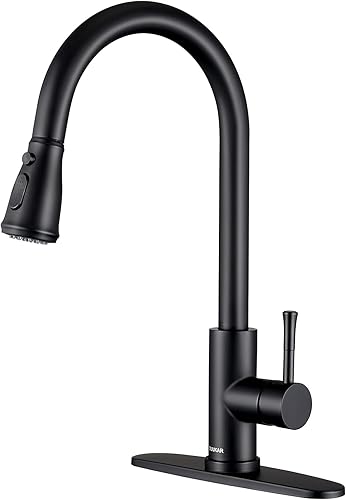 Grifo de cocina negro con rociador extraíble de acero inoxidable negro mate grifo de fregadero de cocina giratorio de 360 grados con placa de