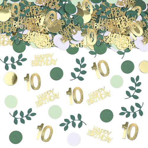 Image of Sage Green 10th Happy Birthday Confetti, 10th Birthday Table Decorations Scatter Green Gold Foil Cake Confetti Decorations for 10 Bday Boys Girls Party Decor 230 Pcs