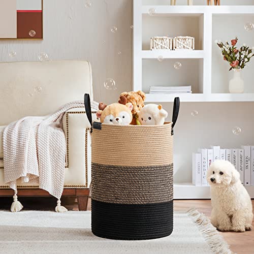 Image of VIPOSCO 72L Tall Woven Rope Laundry Hamper, Leather Handles, Brown & Black | Large Wicker Laundry Basket for Dirty Clothes, Blanket, Toy, Towel, Yoga Mat, Storage Bin in Bedroom, Bathroom, Living Room