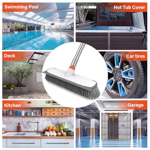 Image of ITTAR Floor Scrub Brush with Long Handle, 12 inch Wide 2-in-1 Deck Brush and Squeegee with 55 inch Stainless Steel Pole, Heavy-Duty Stiff Bristles for Shower, Tile, Garage, Patio & Kitchen-Orange
