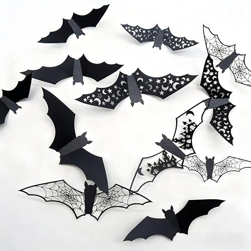 24Pcs Large Halloween Bats Wall Decorations Bats Wall Stickers 3D Self-Adhesive PVC Bats Wall Decals Removable Hollow Bats Window Stickers Walls Clings Decoration for Halloween Party Indoor Supplies