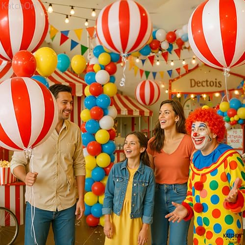 Image of KatchOn, Red and White Carnival Mylar Balloons - 22 Inch, Pack of 6 | Red and White Striped Balloons for Carnival Decorations | Circus Theme Balloons For Birthday, 70s, Carnival Party Decorations