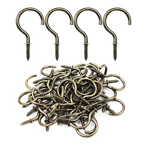 FEED GARDEN 1-1/4'' Cup Screw Hooks 50 Pack Metal Ceiling Hooks Heavy Duty Rubbed Bronze Plant Hooks for Hanging